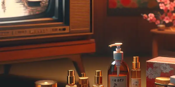 A retro 1980s living room featuring a vintage TV, hygiene products, and cherry blossoms, blending nostalgia with health awareness.