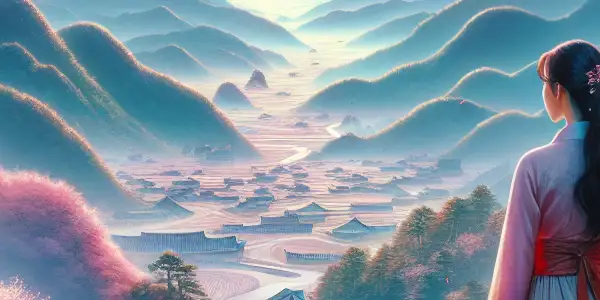 A romantic outdoor scene with a woman in elegant attire, cherry blossoms, and a mysterious male figure in mist.