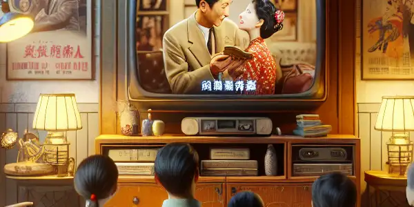 A cozy living room with a vintage TV, family members enjoying classic films, surrounded by nostalgic decor.