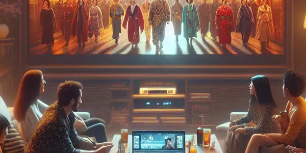 A cozy living room with friends enjoying a vibrant film, snacks, and a warm, inviting atmosphere.