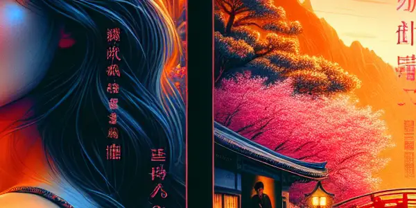 A mysterious woman in a stylish summer outfit stands in a sunlit Japanese garden filled with cherry blossoms.