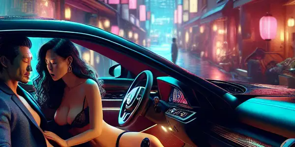 A couple shares an intimate moment inside a stylish car on a neon-lit urban street at night.