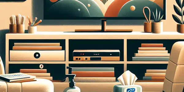 Cozy living room with hygiene products, a TV displaying abstract art, and a focus on health while enjoying adult films.